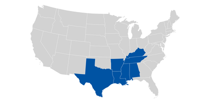 Map of the U.S. with the southern states highlighted.
