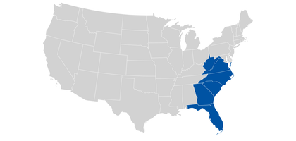 Map of the U.S. with the south eastern states highlighted.