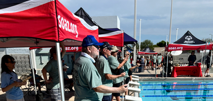 Knights from St. Clare of Assisi Council 12851 in Surprise, Ariz., keep time during a district-level Special Olympics Arizona swim meet in Peoria. Throughout the year, the Knights also help with the Special Olympics Arizona softball competition. Their support includes the council’s annual fundraiser for people with disabilities, which raised more than $3,200 this year for Special Olympics Arizona and One Step Beyond, which provides programs and services to people with intellectual disabilities.