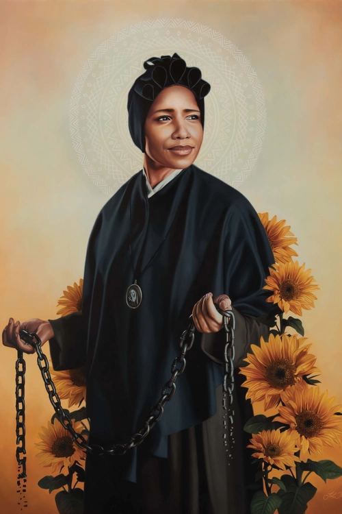 An oil painting depicts St. Josephine Bakhita, a Canossian religious sister who was kidnapped and enslaved as a child in Sudan.