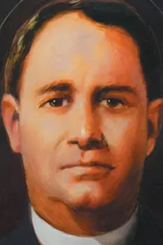 St. Rodrigo Aguilar Alemán cropped painting of his face with a halo.