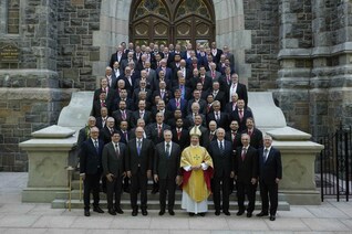 Supreme Officers and state deputies gather outside St. Mary’s Church in New Haven, Conn.