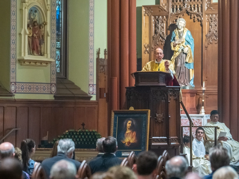 Supreme Chaplain Archbishop William Lori delivers his homily during Mass at St. Mary&rsquo;s Church in New Haven, Conn., June 6. (Photo by Tamino Petelin&scaron;ek)