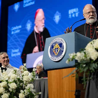 Cardinal Seán O’Malley, archbishop of Boston, delivers the keynote address at the States Dinner of the 142nd Supreme Convention on Aug. 6 in Québec City.