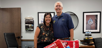 Past Grand Knight Charles Matter of Wooster (Ohio) Council 789 and Bekah Hilty, executive director of the Pregnancy Care Center of Wayne County, stand behind baby supplies and cash donations worth more than $300 collected by Council 789 for the center. The council has raised more than $70,000 for the center since April 2014, in addition to $800 contributed by the Supreme Council through the ASAP program. Council 789 also donated $500 to Biking for Babies, a pro-life organization whose work includes a national bike ride — with nine routes across the Midwest and eastern United States — to raise money and awareness for pregnancy resource centers and pregnant mothers in need.