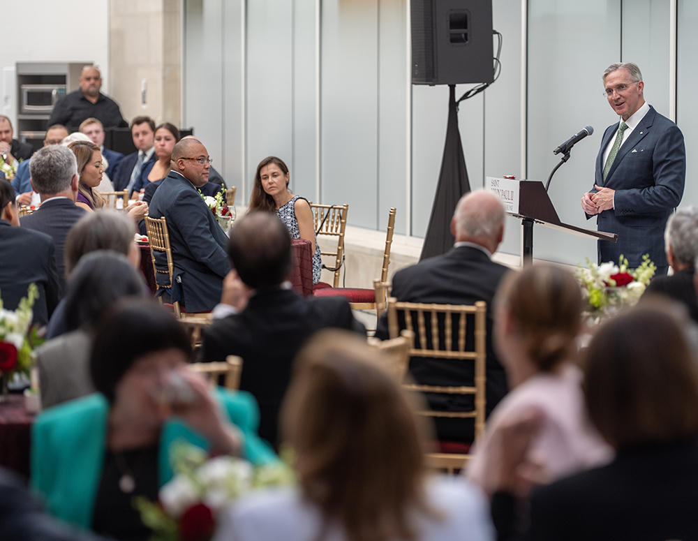 Supreme Knight Patrick Kelly addresses Washington, D.C., Knights and their  spouses during a pre-convention welcome reception at the Saint John Paul II  National Shrine in D.C.(Photo by Tamino Petelin&scaron;ek)