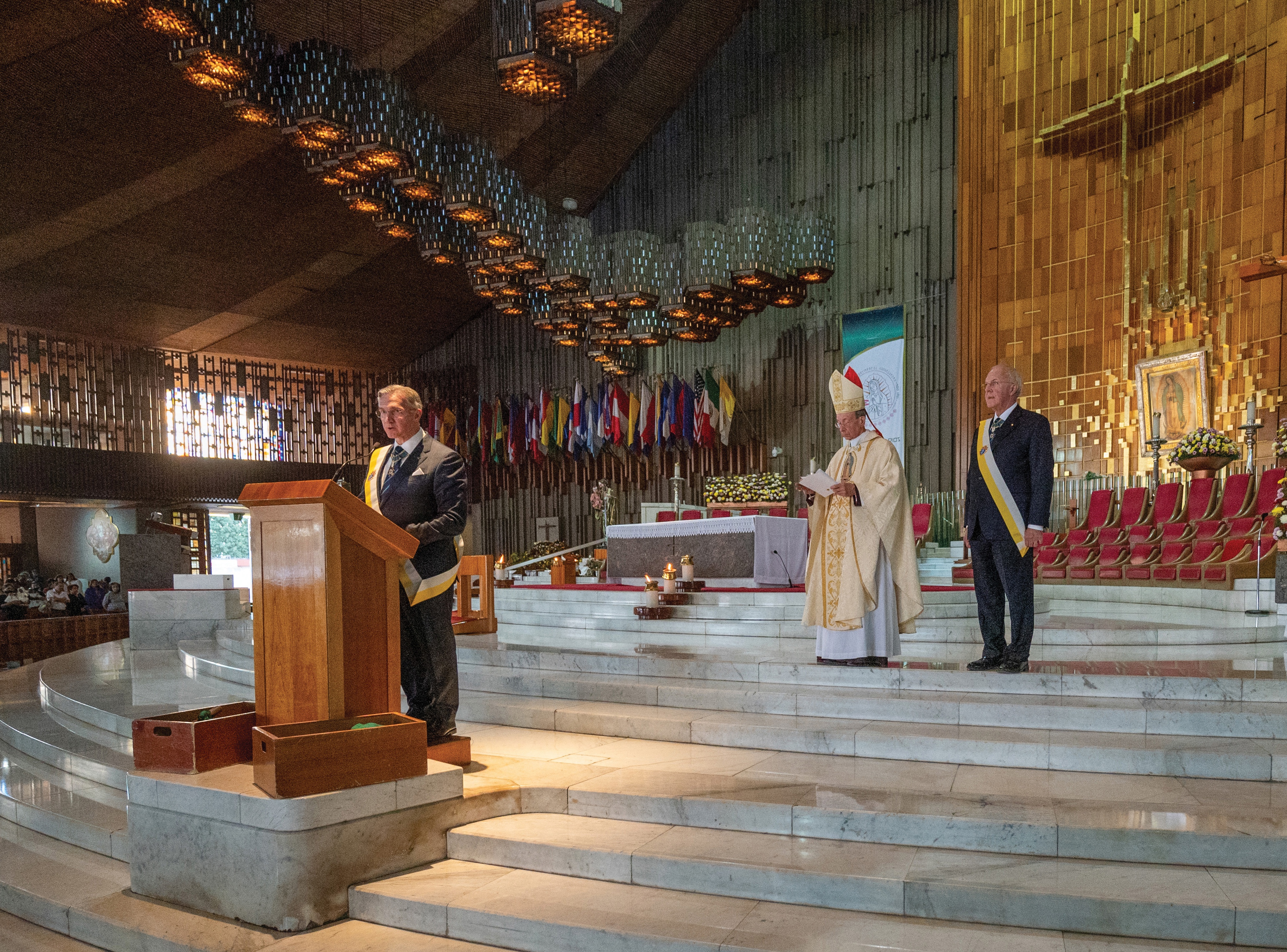  Supreme Knight Patrick Kelly delivers remarks before the solemn reconsecration of the Knights of Columbus to Our Lady of Guadalupe on Feb. 3, 2023. The event followed Mass celebrated by Supreme Chaplain Archbishop William Lori at the Basilica of Our Lady of Guadalupe in Mexico City, the same place where Carl Anderson led the first consecration to Our Lady of Guadalupe during his installation as supreme knight 22 years earlier. (Photo by Tamino Petelin&scaron;ek)