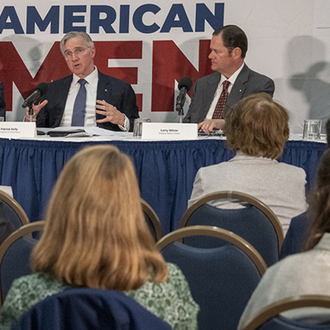 Supreme Knight Patrick Kelly (center) participates in a panel discussion at the Symposium on Young American Men at the National Press Club in Washington, D.C., on Nov. 3. Also pictured (from left) are Michael Mayer (moderator), chief executive of Theta Chi Fraternity and a member of Father M. Joseph McDonnell Council 11044 in Carmel, Ind.; U.S. Sen. James Lankford of Oklahoma; Larry Wiese, executive director of Kappa Alpha Order; and Michael DeVaul, national director of the YMCA’s Boys and Young Men of Color program.