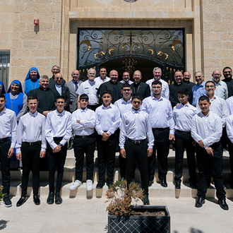 Members of the KofC/CNEWA delegation visit the Latin Patriarchate Seminary in Beit Jala, the West Bank, Sept. 4. (Photo by Joseph Saadeh)