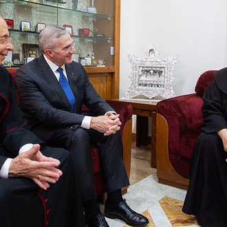 Supreme Chaplain Archbishop William Lori and Supreme Knight Patrick Kelly meet with Father Francesco Ielpo, OFM, custos of the Holy Land, in Jerusalem on Sept. 2. (Photo by Joseph Saadeh)