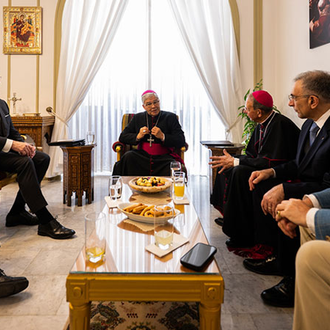 Archbishop Adolfo Tito Yllana, apostolic nuncio to Israel and apostolic delegate to Jerusalem and Palestine, meets with the KofC/CNEWA delegation Sept. 3. (Photo by Joseph Saadeh)