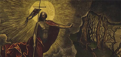 Christ triumphantly ascending from his tomb toward heaven. Below, Roman soldiers are shown in various states of disbelief, sleep, or terror as an angel floats above the opened tomb.