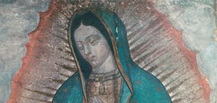 Painting of Our Lady of Guadalupe.  Our Lady is wearing a green robe and is standing with her hands together in prayer.
