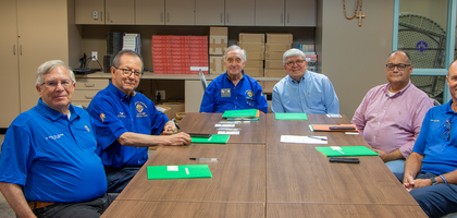 Knights from St. Gabriel the Archangel Council 12153 in McKinney, Texas, gather with guest speaker Charlie Brim (center, right), a volunteer from the Suicide and Crisis Center of North Texas, during a meeting of the council’s suicide awareness and prevention committee at St. Gabriel the Archangel Church. Brim’s presentation included tips on how Knights can assist those who have lost someone to suicide. The committee was formed two years ago to promote awareness and support for parishioners and community members affected by suicide.