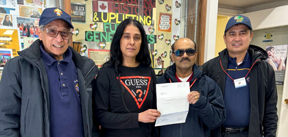 Members of St. Timothy Council 8782 in Toronto present a CA$400 check from the ASAP program to Pamela Inshan of Rosalie Hall, a local pregnancy resource center. 