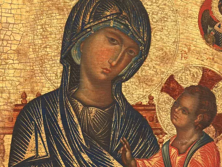 A mosaic painting of Mary and Jesus.