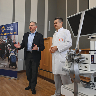 Supreme Knight Kelly delivers remarks at Okhmatdyt Children’s Hospital in Lviv on Dec. 5, 2022