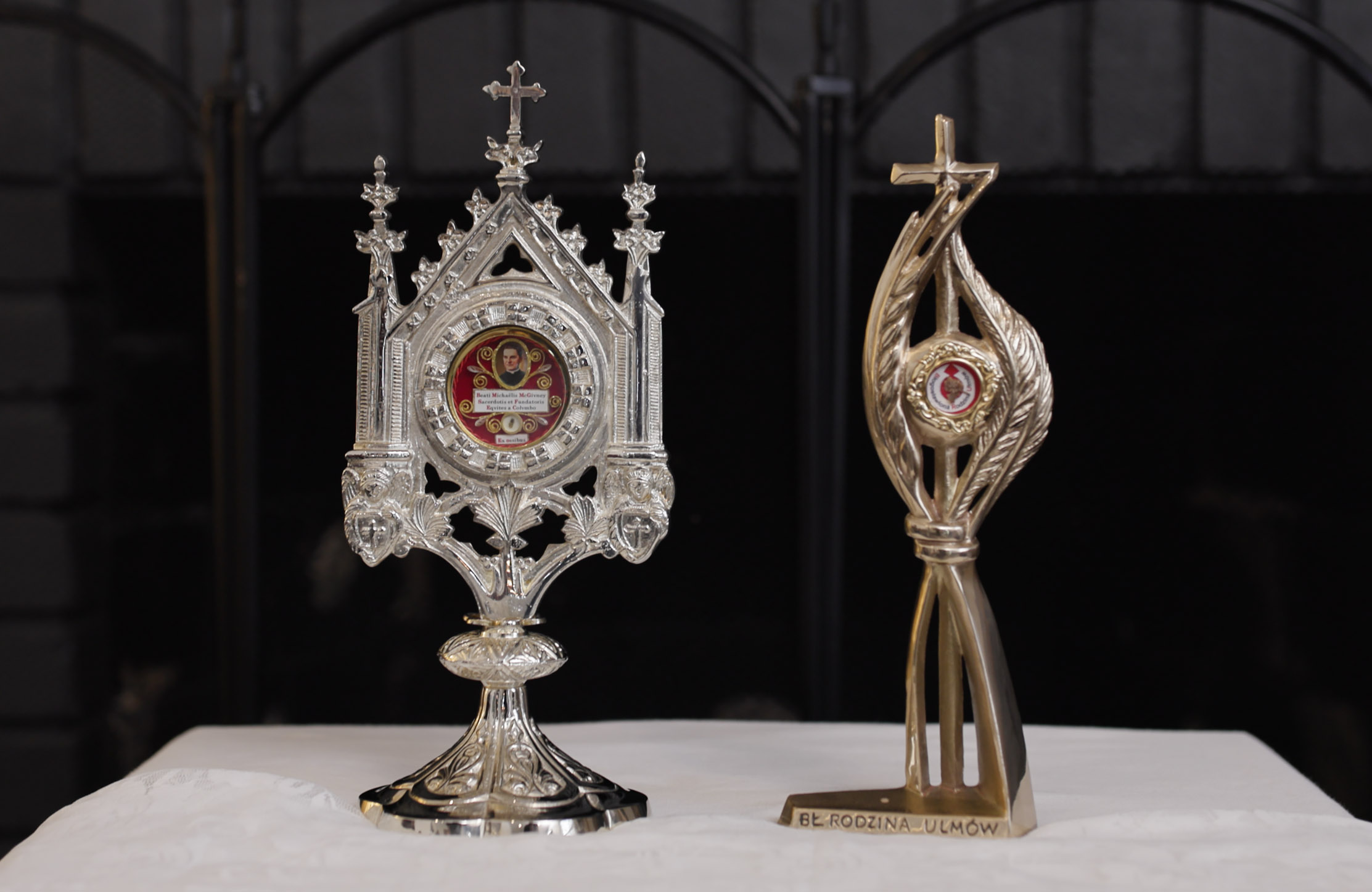 Relics of Blessed Michael McGivney and the Ulma family are displayed in the home of Knights of Columbus Field Agent Christopher Copley in Marion, Ohio.