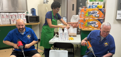 Nick DiPierro (left) and Past Grand Knight James Bizzarro of Father John LaFarge, S.J. Council 4012 in Yorktown Heights, N.Y., mix zeppole batter for St. Patrick Church’s food booth at the Yorktown Feast of San Gennaro — a street festival celebrating Italian heritage. Knights and parishioners volunteered over five days to prepare and serve zeppoles, traditional Italian fried dough balls. The booth raised enough to fully fund the cost of a new roof for the main church, which was damaged by water leaks.