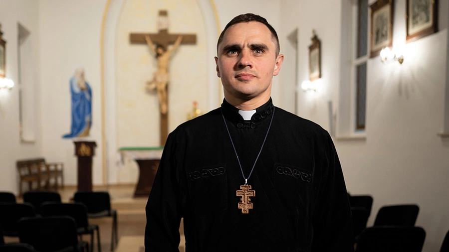 Father Oleksandr Bohomaz is pictured during the Ukraine State Convention in Bryukhovychi, Ukraine, in May 2023. (Photo by Andrey Gorb)