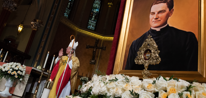 Archbishop William Lori bestows a blessing during the Mass of Thanksgiving at St. Mary's Church on November 1, 2020.