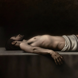 Painting, "Entombment", oil on canvas, by Robert Armetta. Depicts the crucified Christ lying on a stone slab.