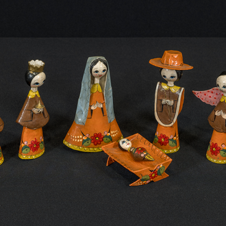 Papier mache crèche from Mexico with Holy Family, Angel, 3 Magi, and Shepherd.