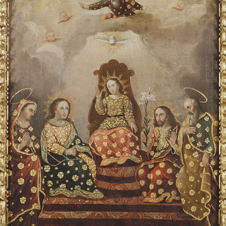 Painting in which Christ sits enthroned. God the Father and the Holy Spirit as a dove is above Christ, along with Joseph and Mary on either side.