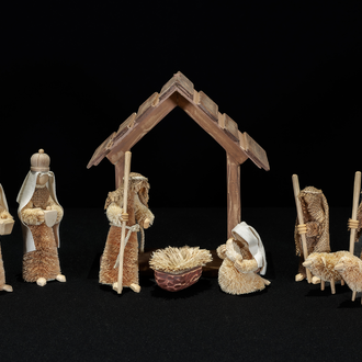 Buri Palm fiber and wood Nativity with the Holy Family, 3 Magi, 2 shepherds, 3 sheep, and a stable.