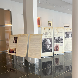 The Cardinal Mindszenty Exhibit Panels lined up in the ambulatory of the Shrine. 