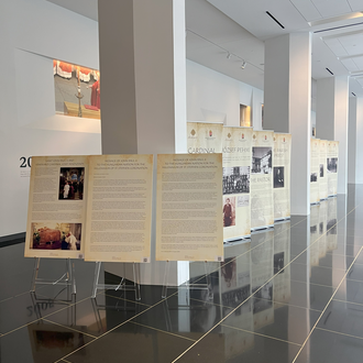 The Cardinal Mindszenty Exhibit Panels lined up in the ambulatory of the Shrine. 