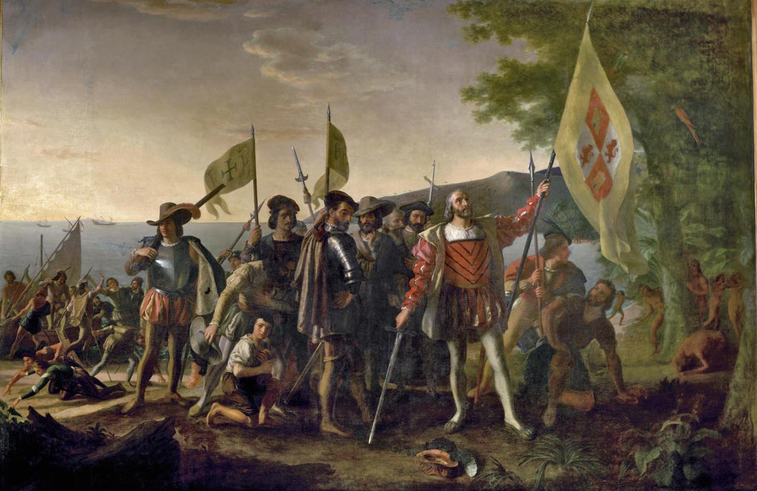 An 1846 painting depicts Christopher Columbus and members of his crew on a beach in the West Indies after arriving on his flagship Santa Maria Oct. 12, 1492. The work was commissioned by the U.S. Congress and installed in the Capitol Rotunda in 1847.