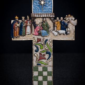 Nativity scene on a cross, with the Holy Family and donkey beneath the stable, and 3 Magi, 2 shepherds, an angel, and 3 sheep on the stable sides. 