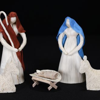 Fiber crèche made in circa 2023 from Costa Rica by Blanca Padilla with Holy Family, a donkey, and an ox.