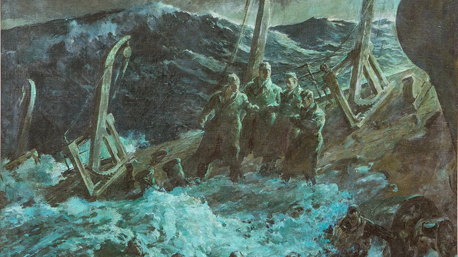 A painting by Dudley G. Summers depicts the Four Chaplains in prayer together on the deck of the torpedoed USAT Dorchester Feb. 3, 1943. Photo by Will Figg/Courtesy of the Four Chaplains Memorial Foundation