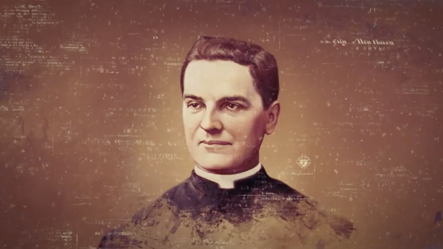 Stylized image of Chas Fagan's painting of Father McGivney. 
