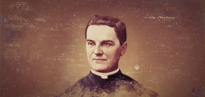 Stylized image of Chas Fagan's painting of Father McGivney. 
