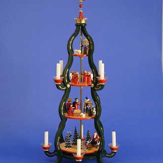 Crèche made in 2012 from Seiffen, Germany by Christian Ulbricht GmbH & Co. KG. Painted wood Christmas pyramid.