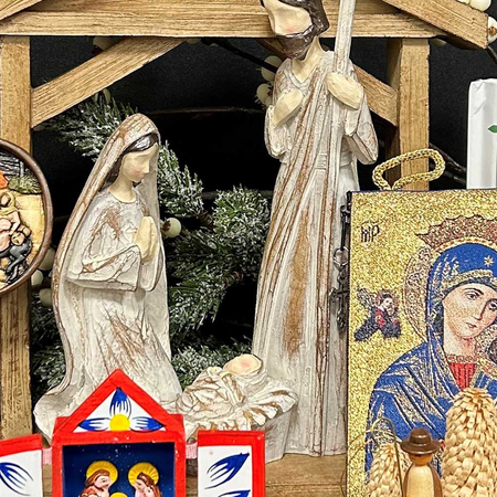 A collection of items for purchase at teh Pilgrimage Center Gift Shop, books, statues, rosaries, ornaments.