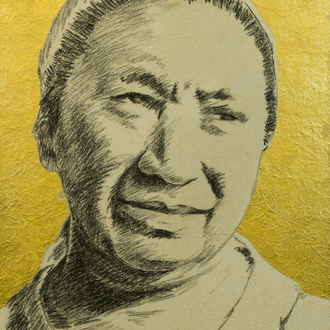 Drawing of woman looking off into distance. Charcoal and gold leaf on mulberry paper