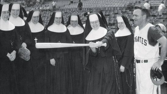 Pittsburgh Pirates manager Danny Murtaugh visits with religious sisters on Nuns’ Day at Forbes Field in Pittsburgh in the early 1960s.