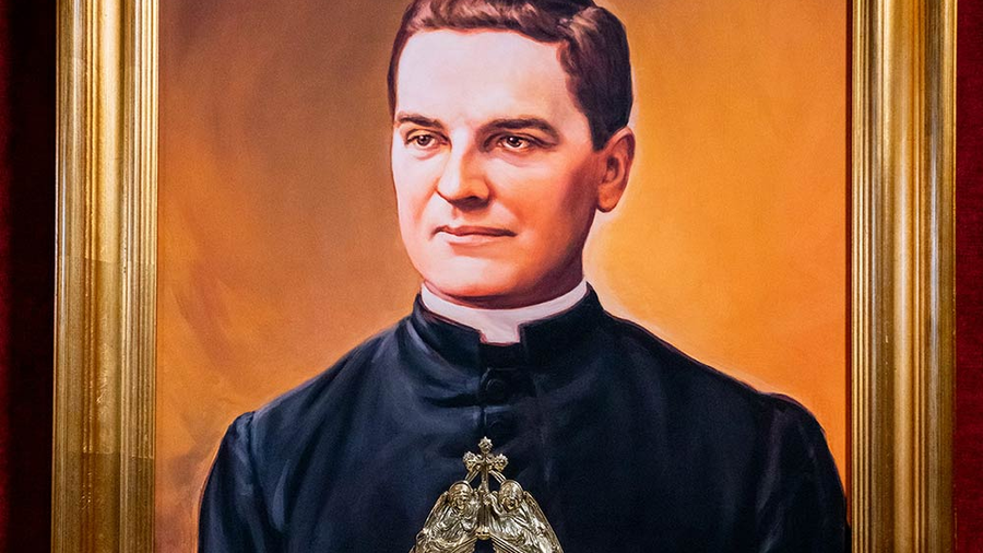 A portrait and relic of Blessed Michael McGivney are displayed at St. Mary’s Church in New Haven, Conn., on Nov. 1, 2020, the day after Father McGivney’s beatification. (Photo by Jake Belcher)