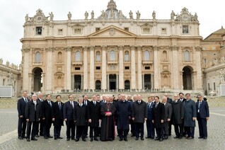 The Knights of Columbus Board of Directors and senior staff stand before the façade of St. Peter’s Basilica, which was renovated in the 1980s with the Order’s support.