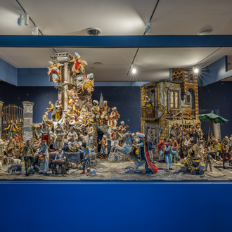 Large Nativity depicting the birth of Christ along the customs and daily lives of the local people of 16th century Neapolitan society. 