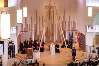 Pope Francis speaks to parishioners of Sacred Heart Church of the First Peoples in Edmonton, Alberta