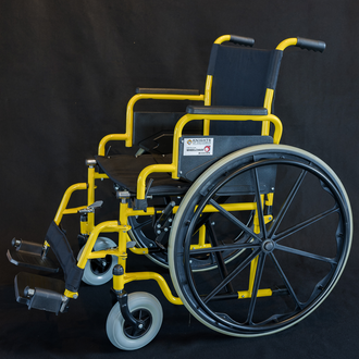 Yellow and black wheelchair provided as part of the Knights of Columbus Global Wheelchair Mission, in partnership with the American Wheelchair Mission