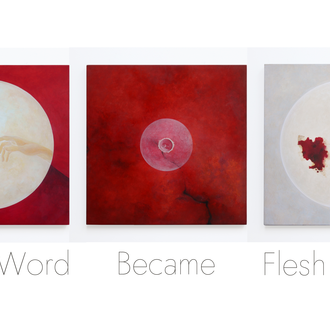 Painting, "The Word Became Flesh Triptych" egg tempera on wood by Ewa Krepsztul.