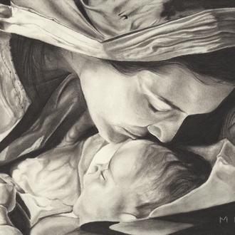 Painting, "A Mother's Heart," charcoal and graphite on 100lb drawing paper by Mia Lang. Depicts Mary gently kissing Jesus’s head.