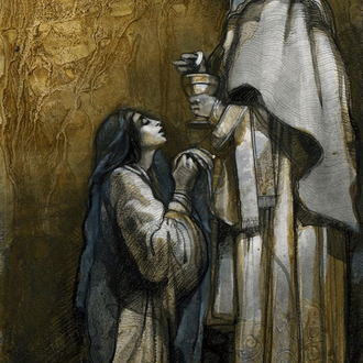 "Holy Communion," mixed media by James Lyons Langley. Depicts a woman kneeling receiving the Holy Eucharist.