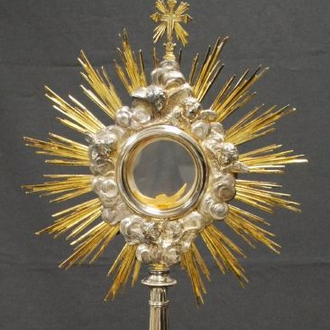 Monstrance by Roman artisans from Lazio district. The monstrance is a receptacle used to hold a consecrated host being displayed for adoration.